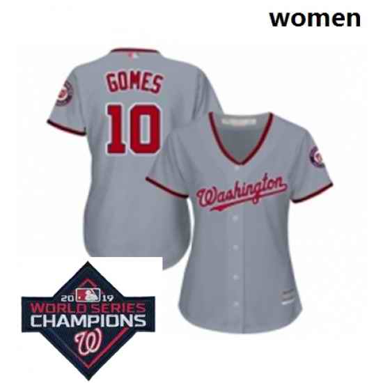 Womens Washington Nationals 10 Yan Gomes Authentic Grey Road Cool Base Baseball Stitched 2019 World Series Champions Patch Jersey